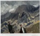 Print - two farmers in conversation on mountainside by Gareth Parry limited edition, print, sold Apr 2023