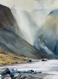 Peaks with lake to foreground by Rob Piercy watercolour, watercolour, sold Apr 2023