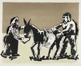 Coloured print - figures with a donkey by Josef Herman Obe Ra limited edition, print, sold Apr 2023