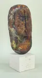 Stoneware head on white stone base - with textured irridescent by Peter Hayes, 2000, sculpture, sold Mar 2023
