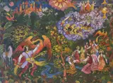 Birds and demons in forest by Helen M Steinthal, mixed media, sold Feb 2023