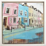 IS IT A BOY OR A GIRL' pink and blue town houses by Camilla Dowse, acrylic on board, offered Mar 2020
