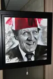 JUST LIKE THAT' a head and shoulders portrait of Tommy Cooper by Jen Allen, acrylic on canvas, sold Mar 2020