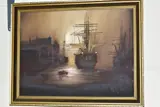 Sailing ships in a harbour at night by Barry Hilton, oil on canvas, sold Mar 2020