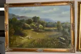A pastoral landscape with resting sheep before a cottage and outbuildings by H Berner, oil on canvas, sold Mar 2020