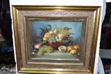a still life study of grapes, apples and peaches in a bowl, by Maria Szucs Muller, oil on board, sold Mar 2020