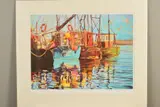 'Calm Waters', a limited edition print of fishing boats at by Martin Decent, print, sold Feb 2020