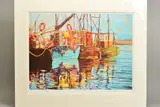 'Calm Waters', a limited edition print of fishing boats at by Martin Decent, print, sold Feb 2020