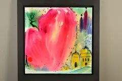 THE LOOMING OF LOVE' a large love heart before yellow buildings by Danielle O'Connor Akiyama, acrylic on canvas, sold Feb 2020