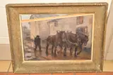 A male figure walking behind a team of heavy horses at dusk by Joseph Bontemps, oil on canvas, sold Feb 2020