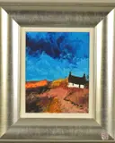 A landscape featuring a whitewashed cottage beneath a blue sky by George Somerville, acrylic on board, sold Jan 2020