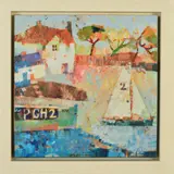 SAILING PAST THE BOAT HOUSE' a dinghy and cottages by Sally Anne Fitter, acrylic on canvas, sold Jan 2020