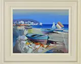 SUMMER SKIES I' boats on the shore at low tide by Fabio Costantino, acrylic on board, sold Jan 2020