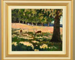 DEERPARK SHADOWS' red deer grazing by Timmy Mallett, acrylic on canvas, sold Jan 2020