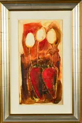 SISTERS' stylised flowers in vases by Emilija Pasagic, acrylic on board, sold Jan 2020