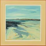LIGHT OVER RHUM FROM SANNA' a Scottish coastal landscape by Tom Barron, acrylic on canvas, sold Jan 2020