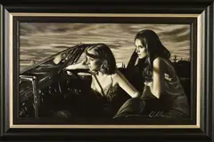 'SUNSET DRIVE I', two young ladies in a car, painted in a hyper by Rob Hefferan, acrylic on canvas, sold Jan 2020