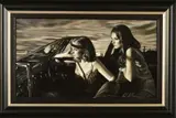 'SUNSET DRIVE I', two young ladies in a car, painted in a hyper by Rob Hefferan, acrylic on canvas, sold Jan 2020