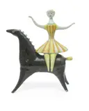 Girl on a Horse, a stoneware sculpture, glazed in colours painted signature to underside, minor professional restoration, 43cm by Margaret 'Margi' Hine, sculpture, sold Dec 2018