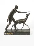 Woman with a Deer patinated bronze, on veined marble base signed in the base, 41.5cm by Henri Fugere, bronze, offered Dec 2018