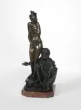 Slave Market a large patinated bronze sculpture, cast as a naked young woman beside a seated Arab merchant figure, on red marble base by Bruno Zach, bronze, offered Dec 2018
