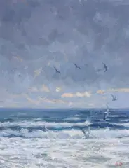 Sea and gulls Gwithian 1997Signed with initialsOil on board31 by Robert Jones, Oil on board, sold Dec 2018