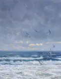 Sea and gulls Gwithian 1997Signed with initialsOil on board31 by Robert Jones, Oil on board, sold Dec 2018