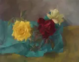 Still life of yellow and red roses in a glassSigned with initialsOil on by Leonard Appelbee, Oil on canvas, offered Dec 2018