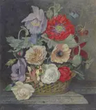 Still life of poppies and summer flowers in a basket with a by Maxwell Armfield, Tempera on canvas laid on board, sold Dec 2018