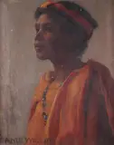 Portrait of a girl head and shoulders wearing orange by Anna M. B. Wingate, Oil on canvas, sold Dec 2018