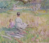 Nanny Littlejohn and Allesandra des Voeux in a garden with a view of boats in St by Dorothea Sharp, Oil on canvas double sided window mounted, sold Dec 2018