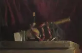 Still life of a small cannon and a bottleSigned and dated 1965Oil on by George Weissbort, 1965, Oil on canvasboard, offered Dec 2018