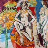 Nude in a red armchairSigned twice also inscribed verso To Jack with many by John Bratby, Oil on canvas, sold Dec 2018