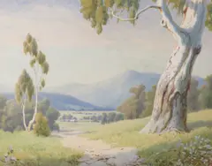 Sunny Australian landscapes with gum treesThree all by John Mather, 1901, watercolour, sold Dec 2018