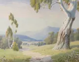 Sunny Australian landscapes with gum treesThree all by John Mather, 1901, watercolour, sold Dec 2018