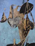 Abstract scene with boats by Zoë Benbow, mixed media, sold Dec 2018