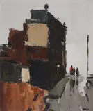 Figures on a wintery streetSigned with initialsOil on board30 by Donald McIntyre, Oil on board, sold Dec 2018