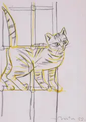 Cat on a windowsillSigned and dated ‘82Conte crayon and watercolour24 by John Craxton, watercolour, sold Dec 2018