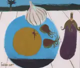 Blue Dish 2Signed and dated 1977 also by Mary Fedden, 1977, Oil on board, sold Dec 2018