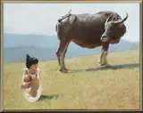 YOUNG GIRL WITH AN OX A Chinese painting by Chen Yan Ning, oil on canvas, sold Nov 2018