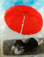 The red parasol by Albert Zavaro, oil on canvas, sold Oct 2014