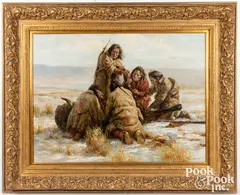 hunting scene of Native Americans and bison by Troy Denton, oil on canvas, sold Oct 2021