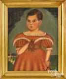 folk portrait of a child from the Squires family by Colonel William Utley, oil on canvas, sold Oct 2021