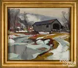 winter landscape with covered bridge by Emile Albert Gruppe, oil on canvas, sold Oct 2021