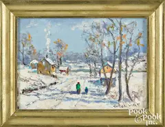 winter landscape titled Saturday-Dec. New Hope by Christopher Willett, oil on board, sold Oct 2021