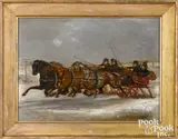 of a sleigh race passing a directional sign To Belmont by Charles S. Humphreys, oil on board, sold Oct 2021