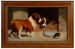 GENRE SCENE WITH PUPPIES AND CHICK by Sidney Lawrence Brackett, oil on canvas, sold Nov 2022