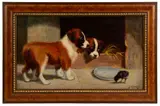 GENRE SCENE WITH PUPPIES AND CHICK by Sidney Lawrence Brackett, oil on canvas, sold Nov 2022