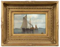 ATTRIBUTED, NEW YORK HARBOR SCENE by Edward Moran, oil on board, sold Nov 2022