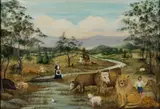 FOLK ART , PEACEABLE KINGDOM SCENE by Mary Ann Vessey, oil on panel, sold Nov 2022